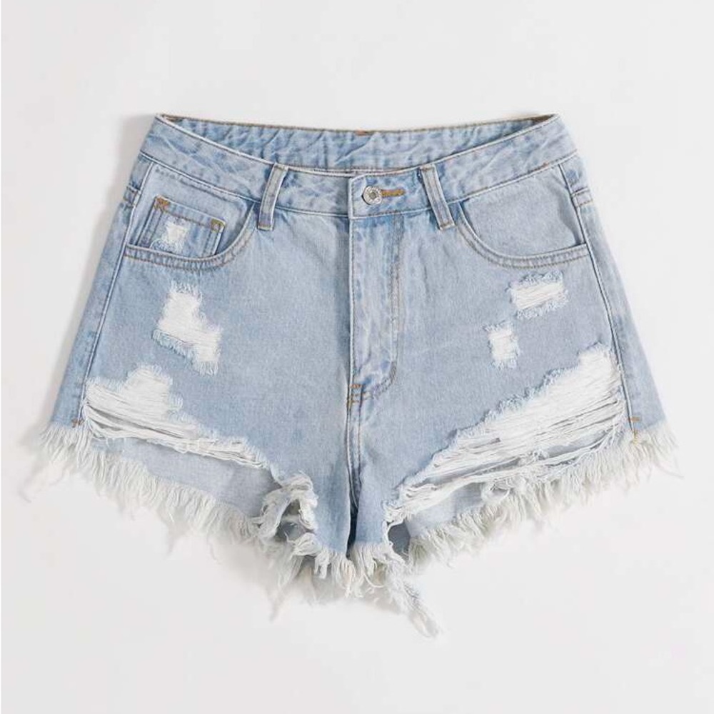 Light Blue Frayed Denim High Waist Shorts
